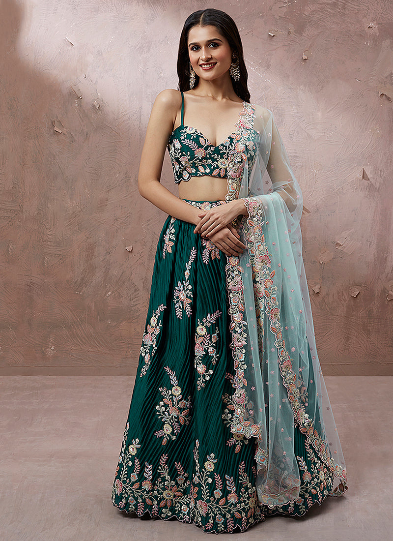 Teal Blue Multi Embroidery Wedding Lehenga Choli