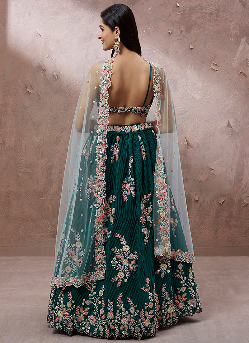 Teal Blue Multi Embroidery Wedding Lehenga Choli