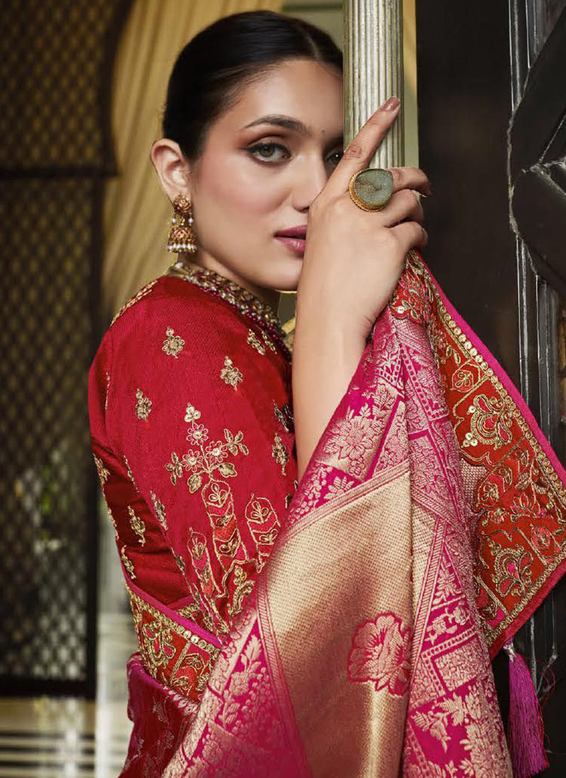 Red And Pink Handwork Embroidery Silk Saree