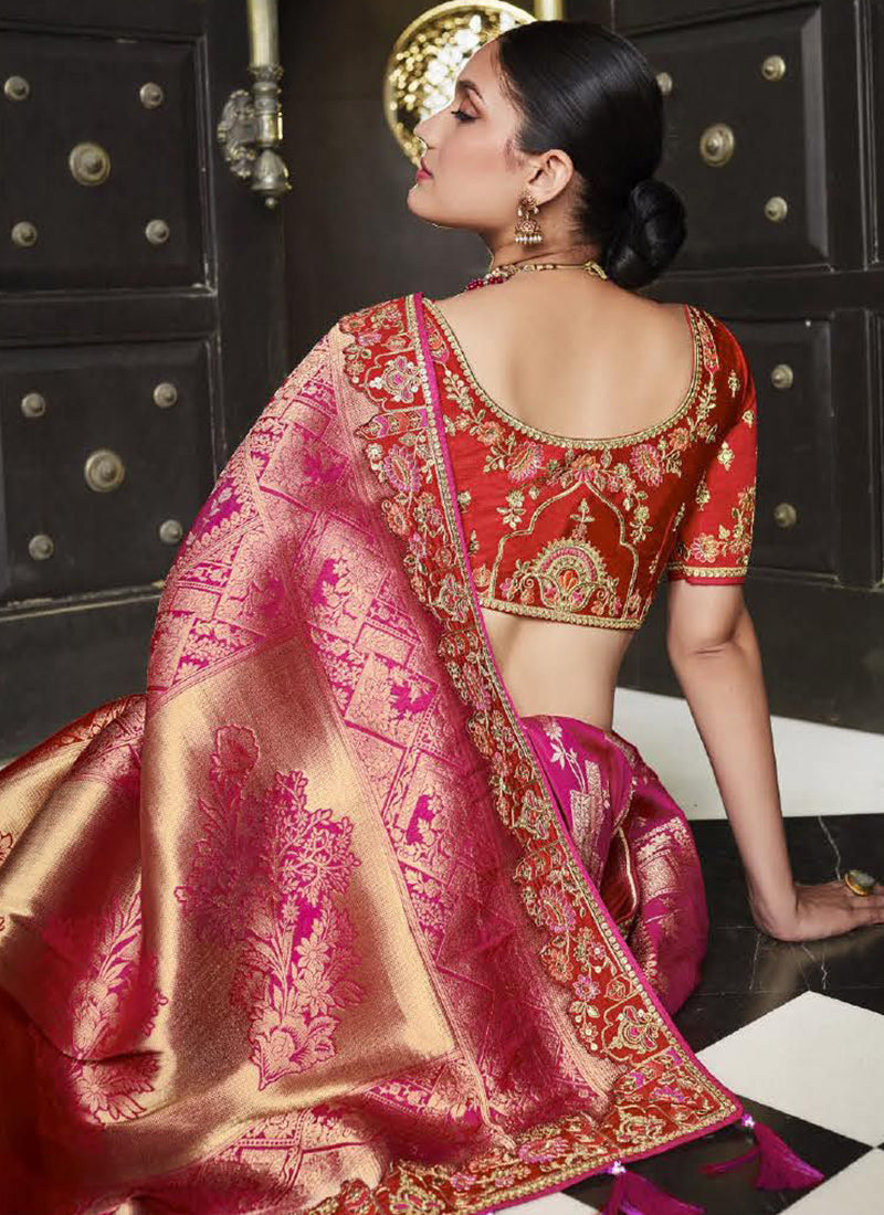 Red And Pink Handwork Embroidery Silk Saree