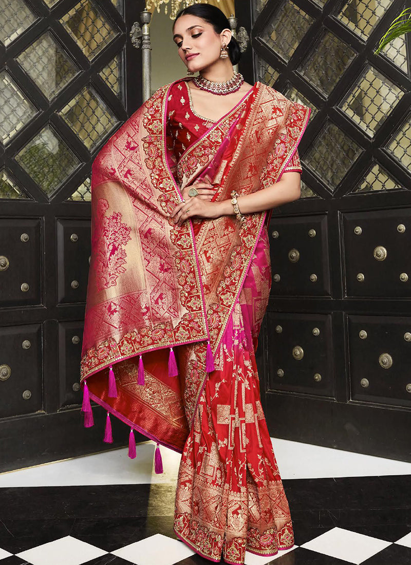 Red And Pink Handwork Embroidery Silk Saree