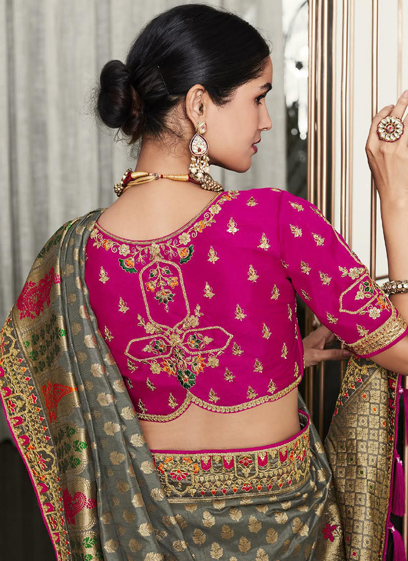 Grey And Pink Handwork Embroidery Silk Saree