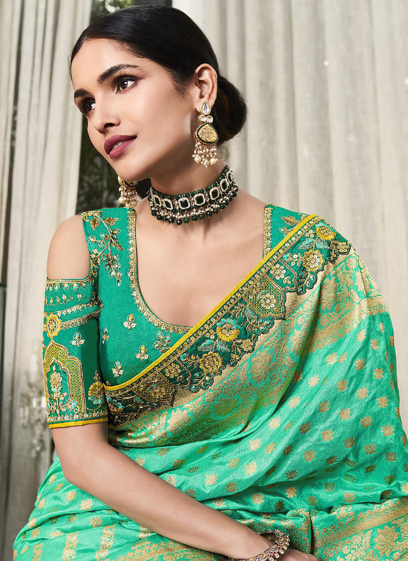 Light Green Handwork Embroidery Silk Saree