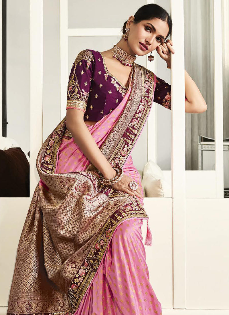 Pink And Maroon Handwork Embroidery Silk Saree