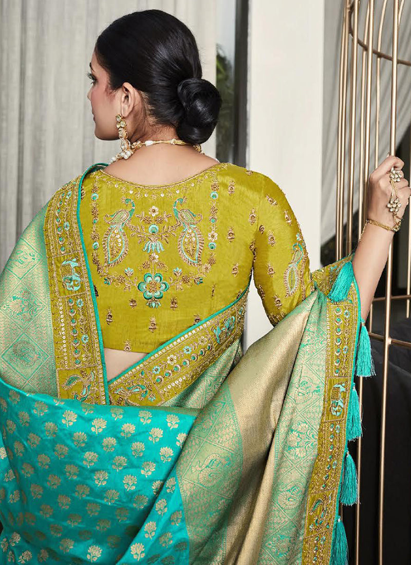 Sky Blue And Green Handwork Embroidery Silk Saree