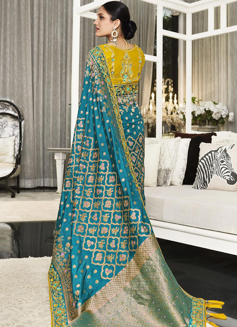 Turquoise And Yellow Handwork Embroidery Silk Saree