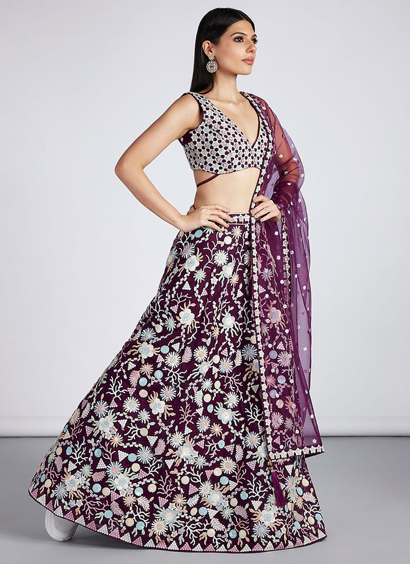 Burgundy Multi Embroidery Lehenga Choli And Dupatta