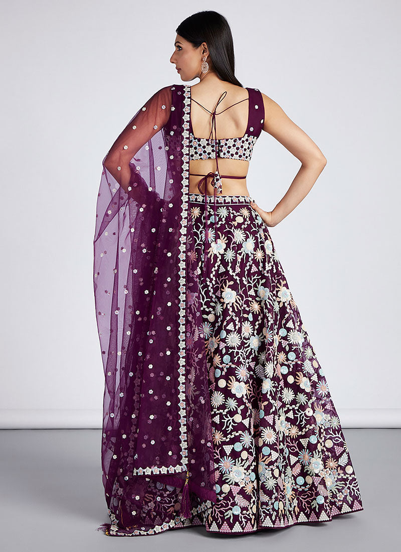 Burgundy Multi Embroidery Lehenga Choli And Dupatta