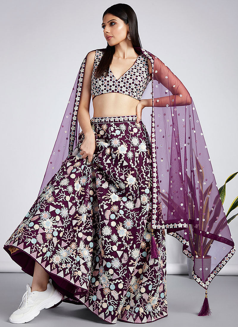 Burgundy Multi Embroidery Lehenga Choli And Dupatta