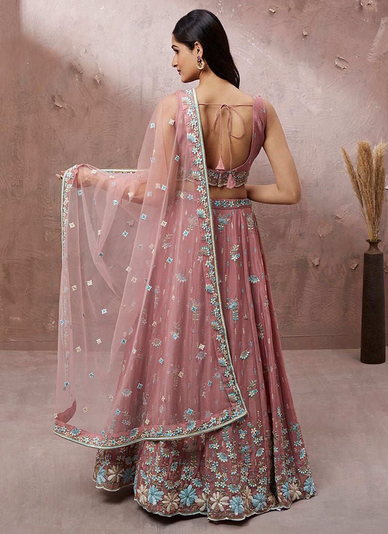 Rose Pink Multi Embroidery Lehenga Choli And Dupatta