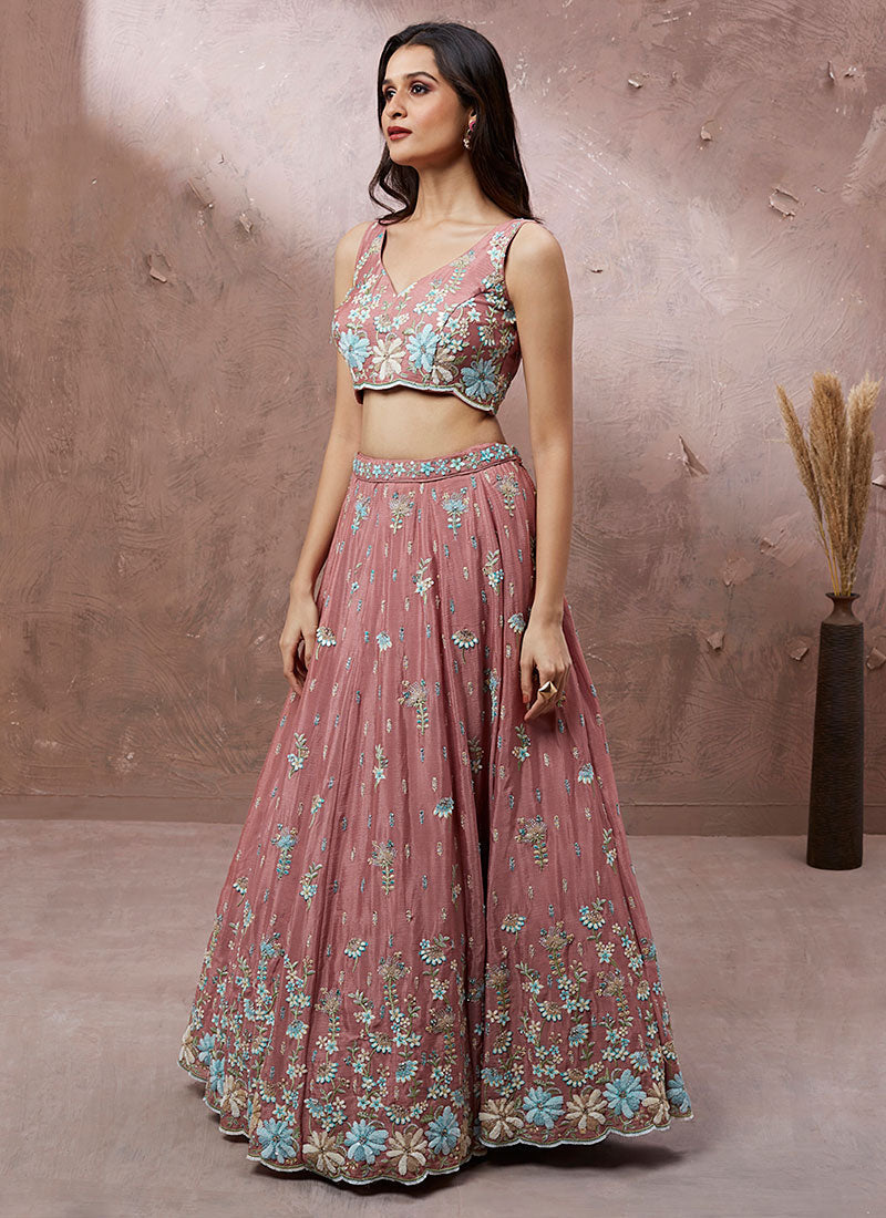 Rose Pink Multi Embroidery Lehenga Choli And Dupatta