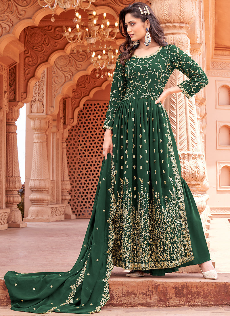 Green Embroidered Traditional High Slit Palazzo Suit