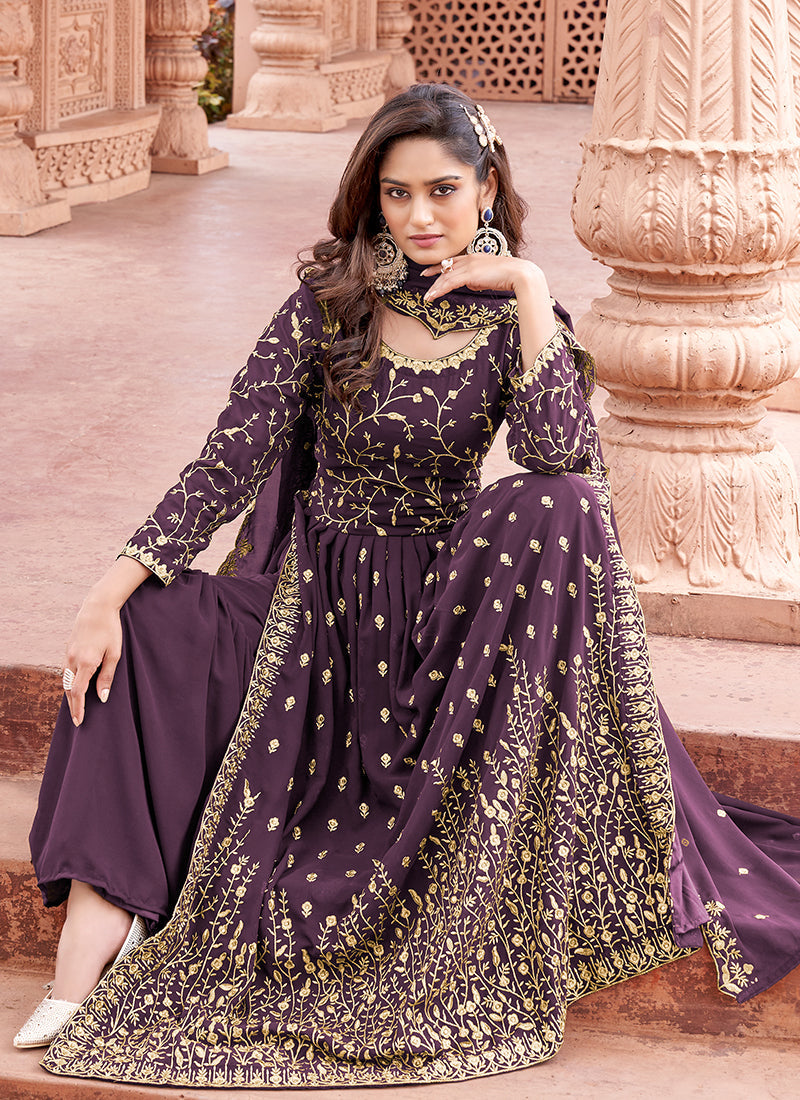 Purple Embroidered Traditional High Slit Palazzo Suit