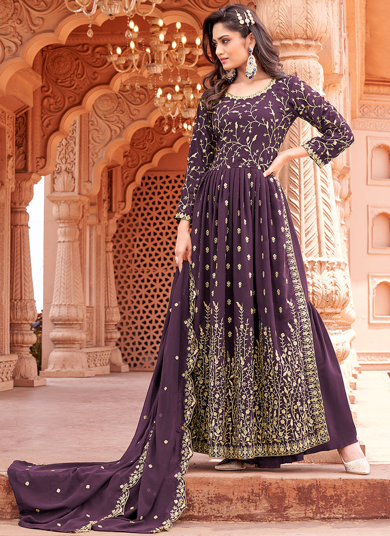 Purple Embroidered Traditional High Slit Palazzo Suit