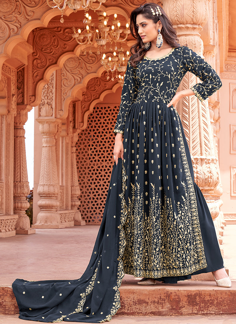 Slate Grey Embroidered Traditional High Slit Palazzo Suit