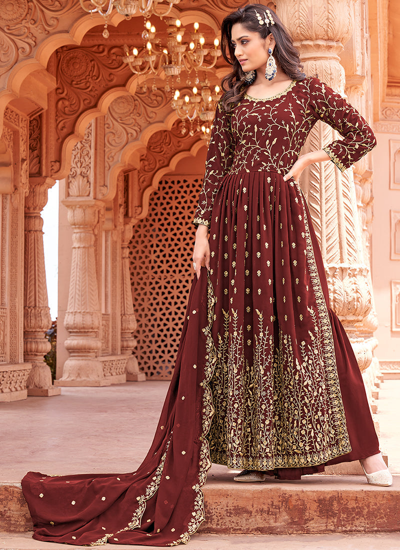 Deep Red Embroidered Traditional High Slit Palazzo Suit