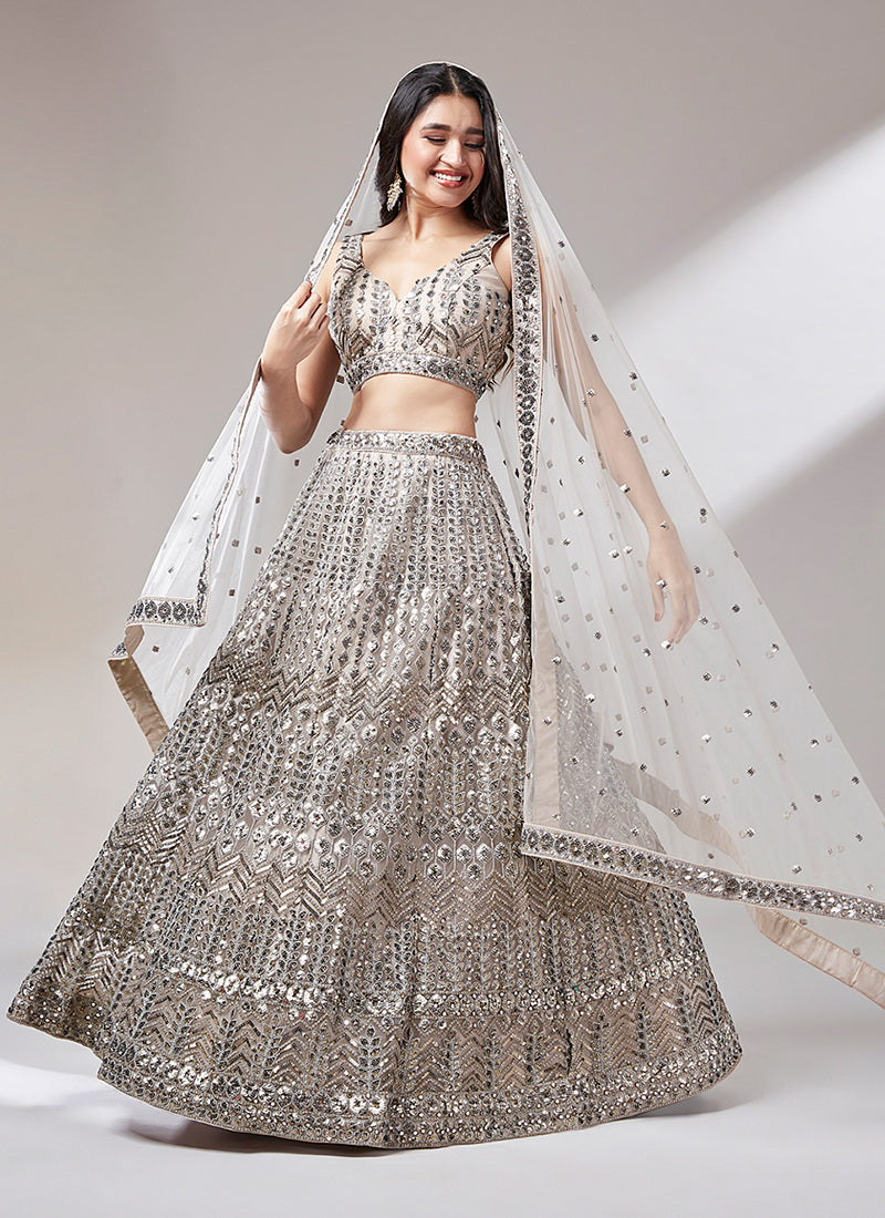 Beige All Over Sequence Embroidery Wedding Lehenga Choli