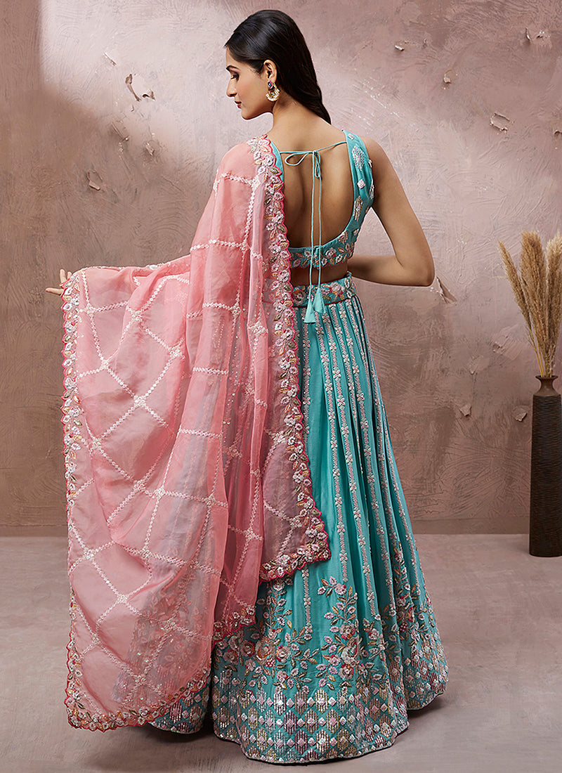 Teal And Pink Multi Embroidery Wedding Lehenga Choli