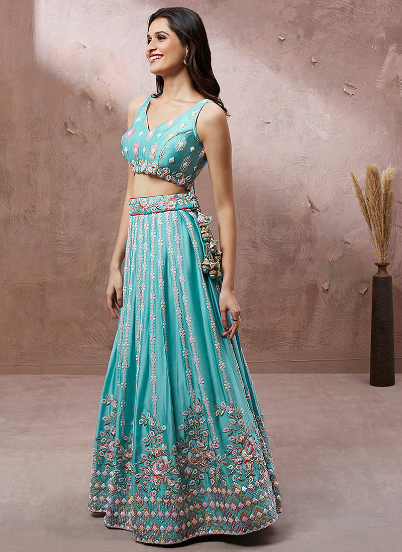 Teal And Pink Multi Embroidery Wedding Lehenga Choli