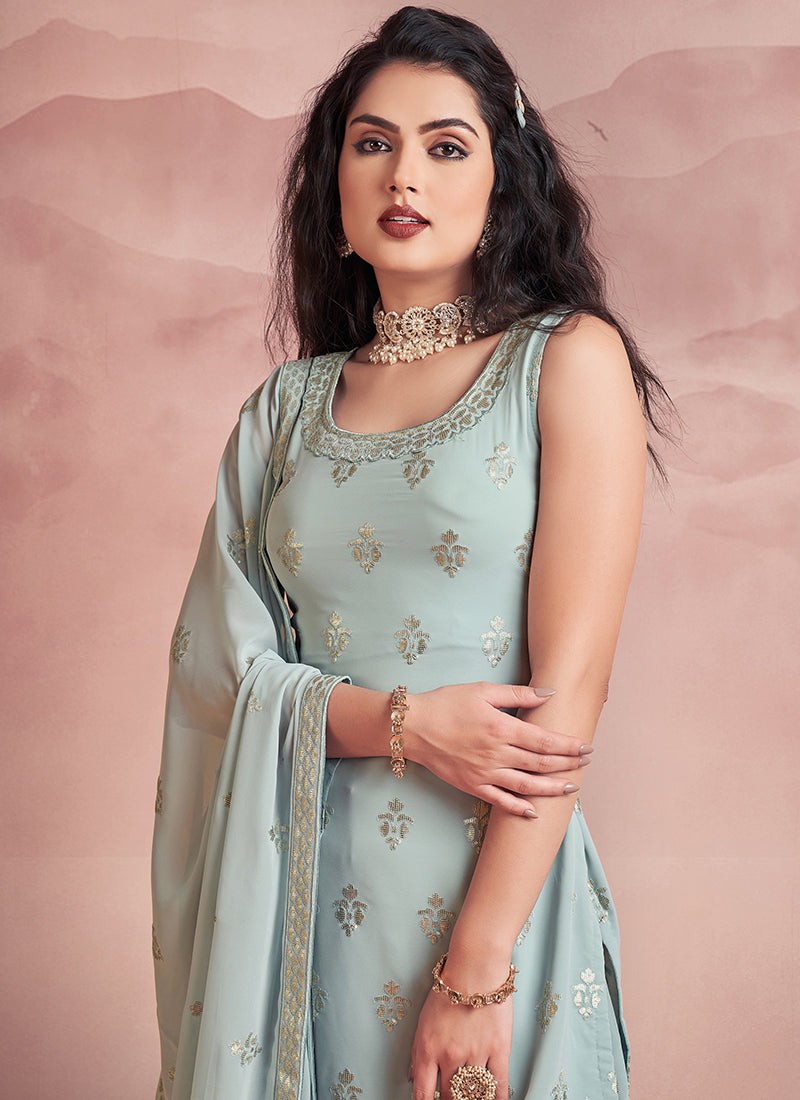 Teal Blue Sequence Embroidery Gharara Style Suit