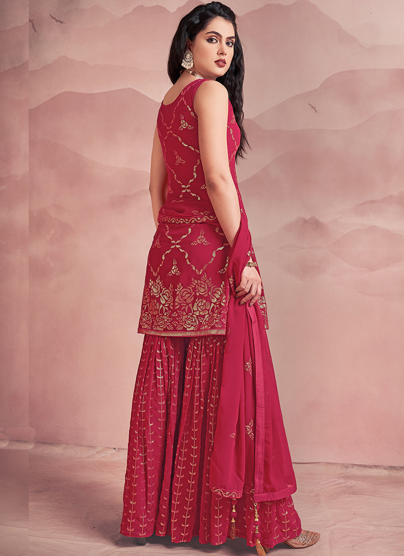 Cherry Red Sequence Embroidery Gharara Style Suit