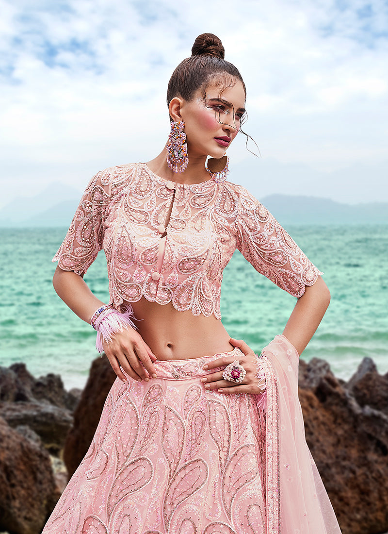 Coral Pink Sequence Embroidery Wedding Lehenga Choli