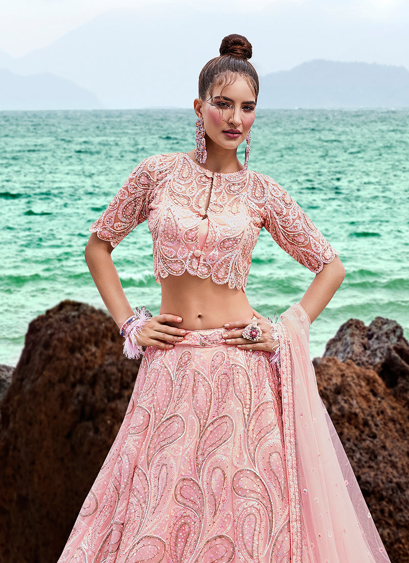 Coral Pink Sequence Embroidery Wedding Lehenga Choli