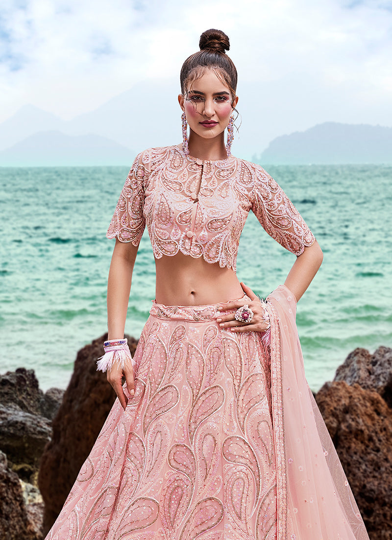 Coral Pink Sequence Embroidery Wedding Lehenga Choli