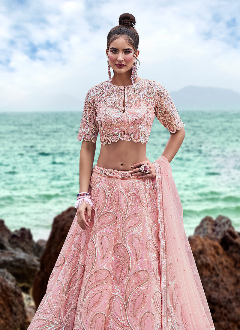 Coral Pink Sequence Embroidery Wedding Lehenga Choli