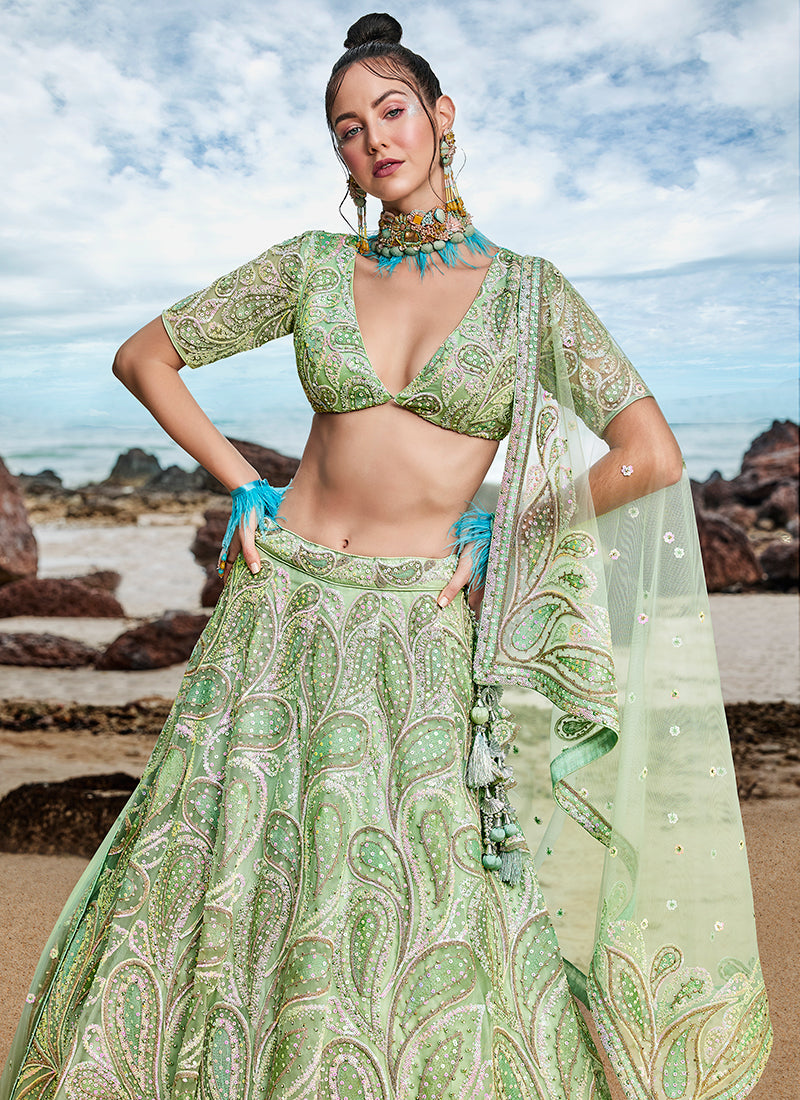 Lime Green Sequence Embroidery Wedding Lehenga Choli