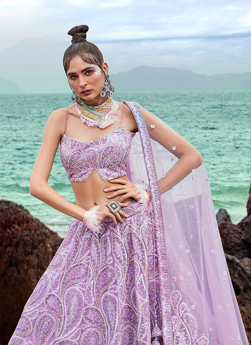 Mauve Purple Sequence Embroidery Wedding Lehenga Choli