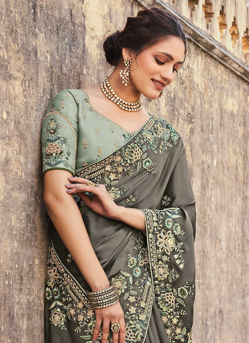 Olive Green Multi Embroidery Designer Tissue Silk Saree