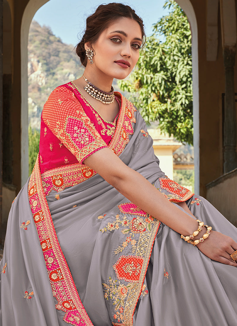 Grey Multi Embroidery Designer Tissue Silk Saree