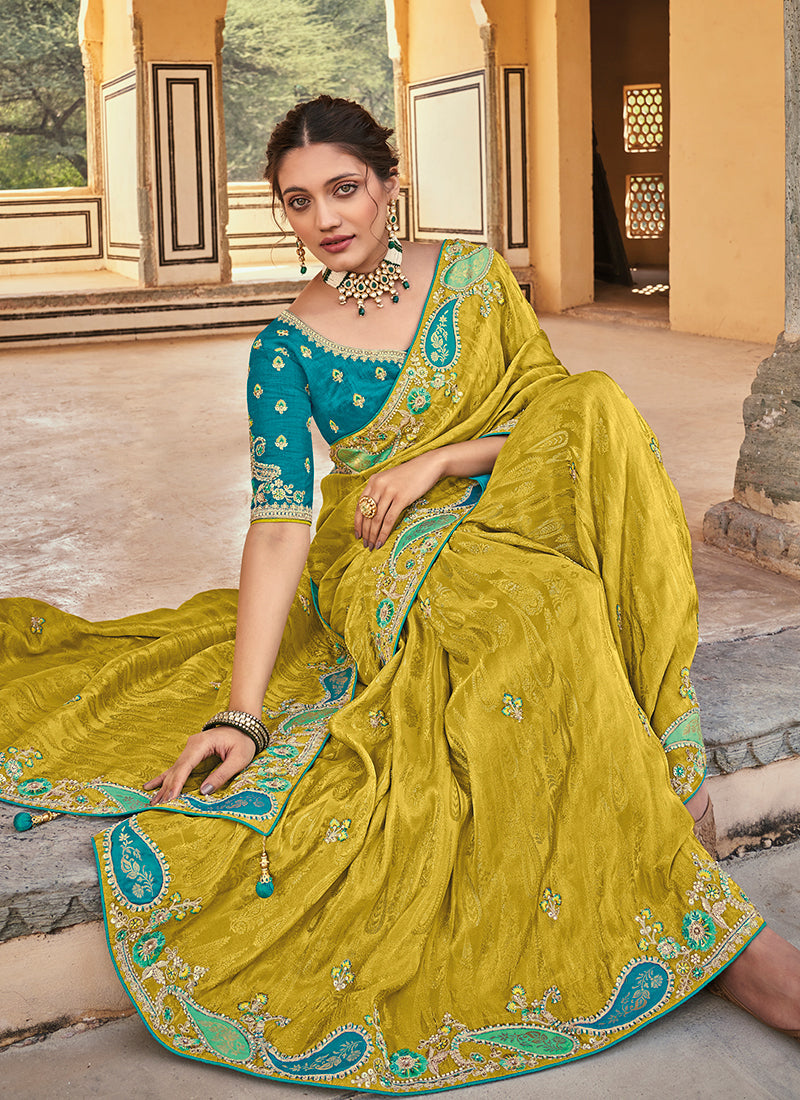 Yellow Multi Embroidery Designer Tissue Silk Saree