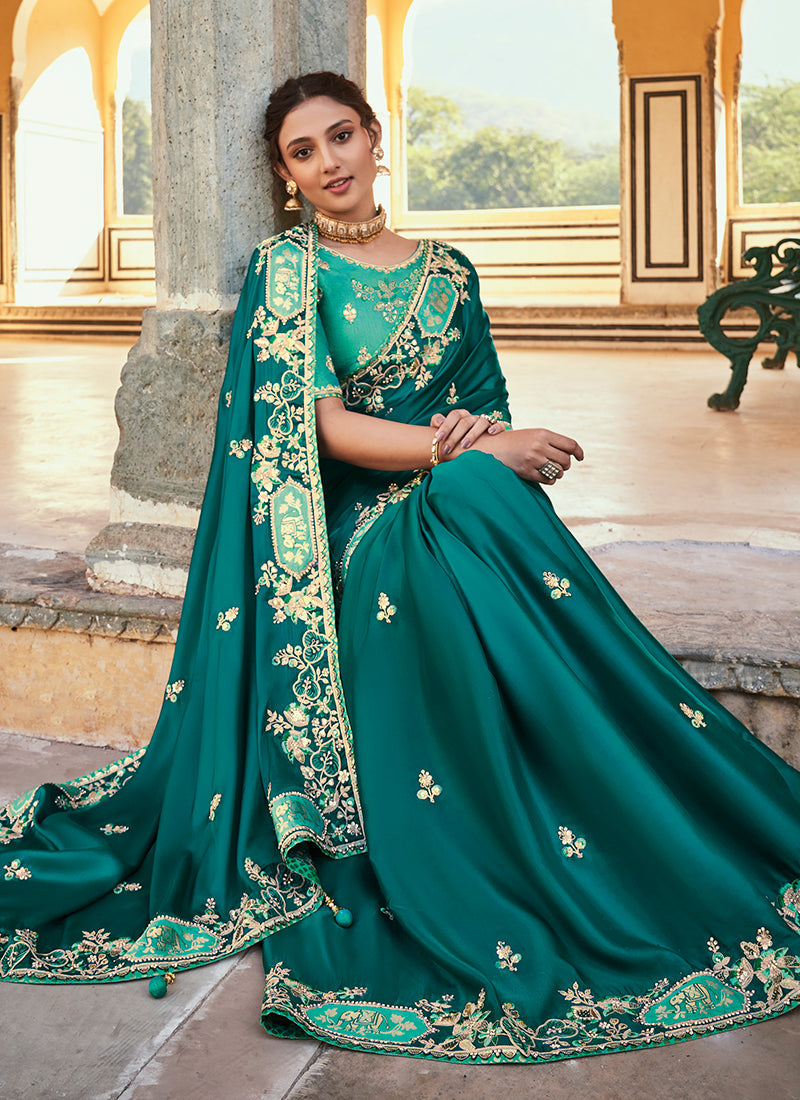 Green Multi Embroidery Designer Tissue Silk Saree