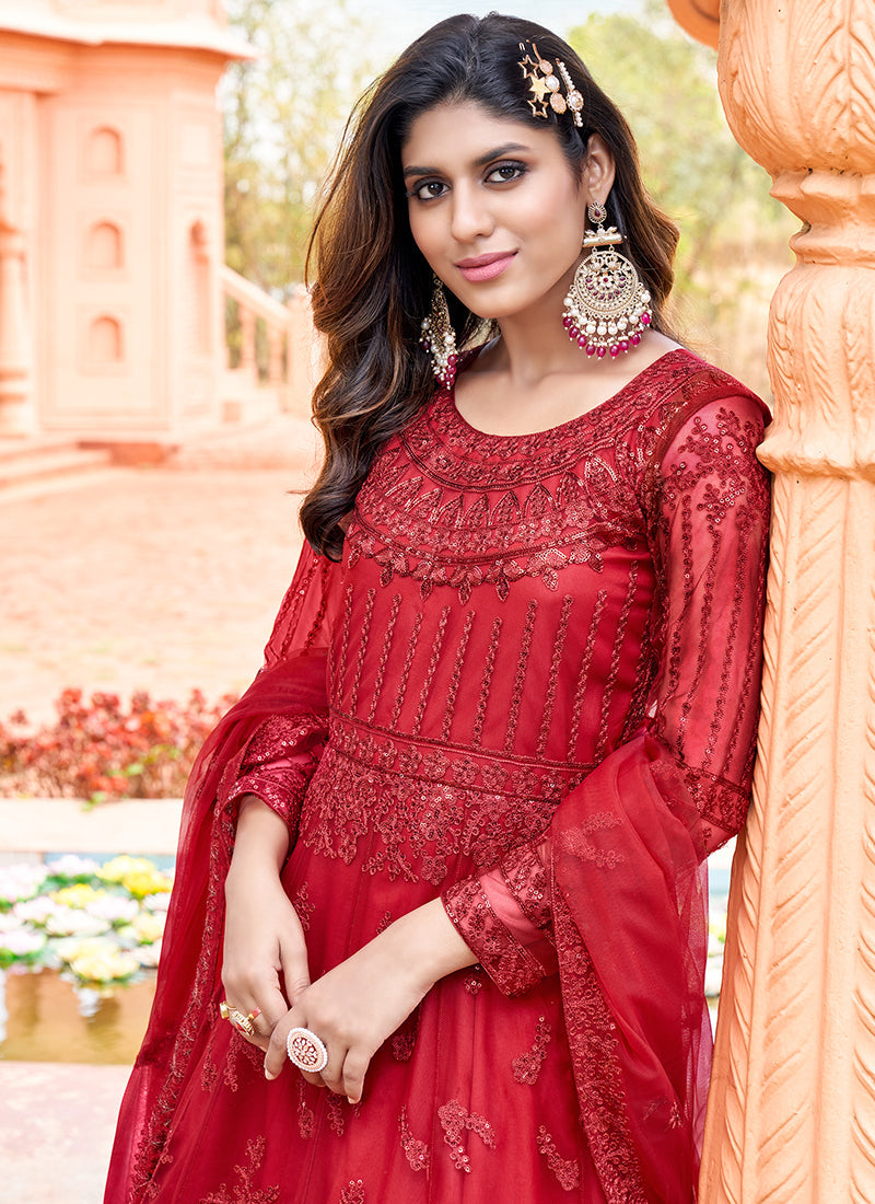 Red Sequence Embroidery Festive Anarkali Suit