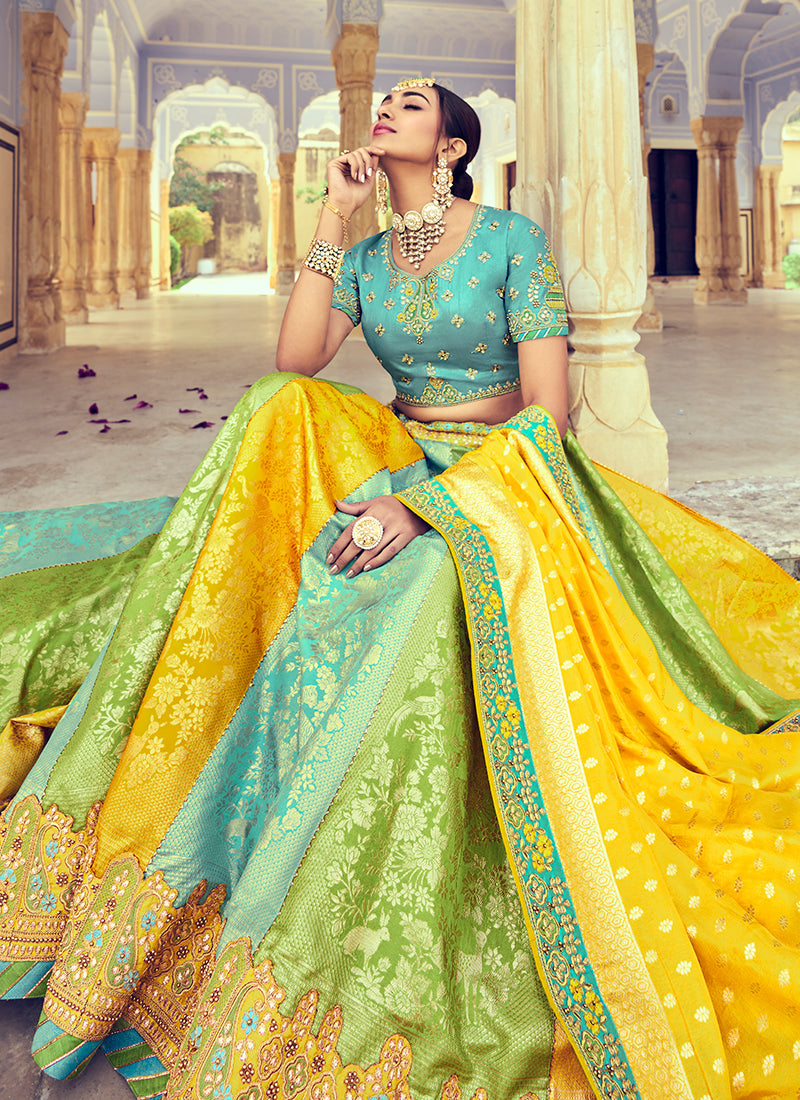 Teal And Yellow Multi Embroidery Wedding Lehenga Choli