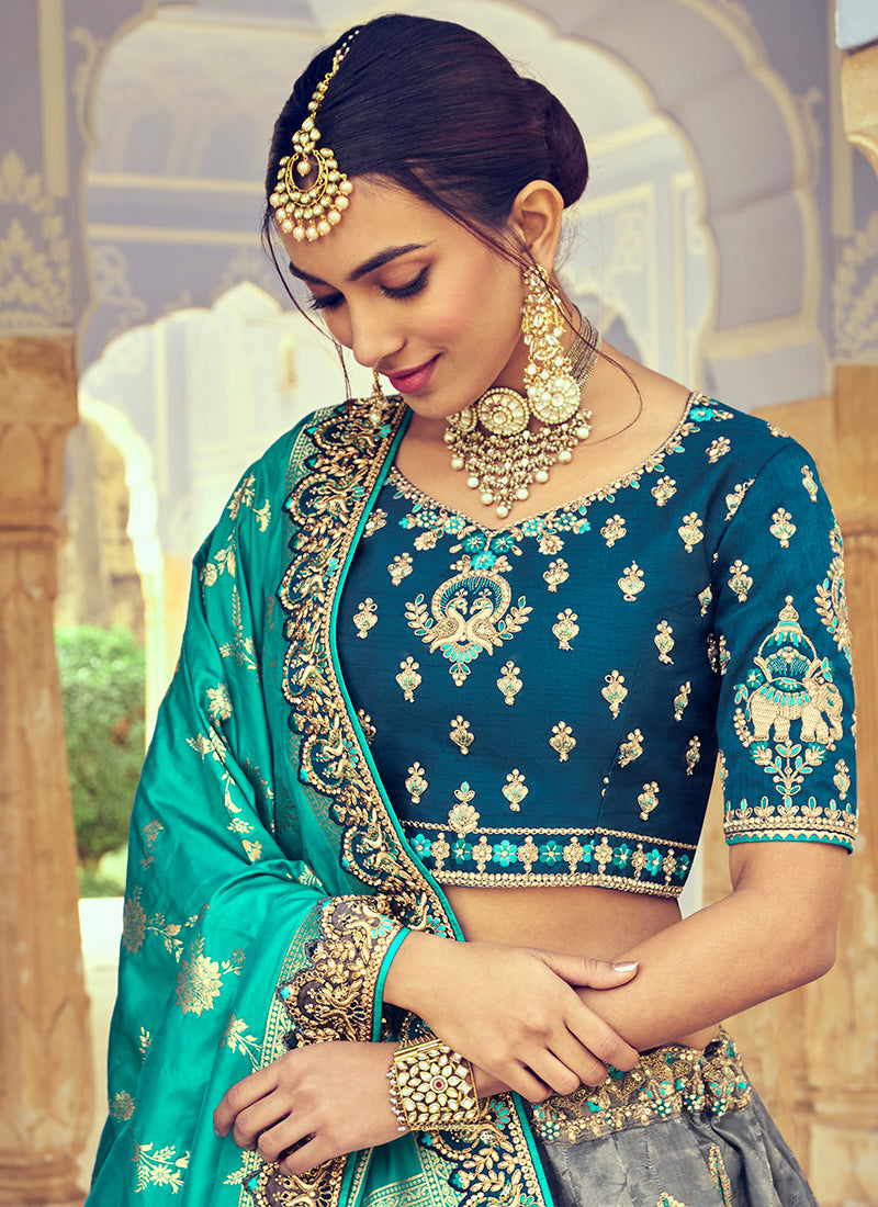 Teal Blue Embroidery Wedding Lehenga Choli