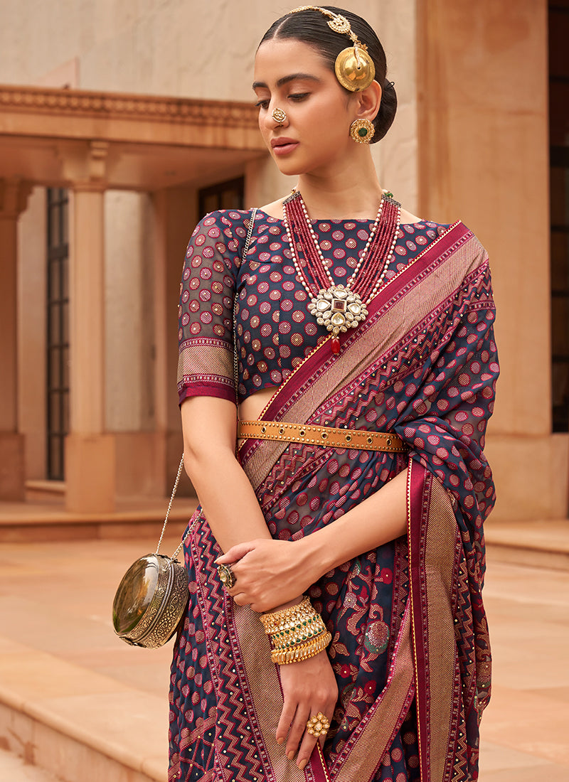 Pink Purple Crystal Stone Brasso Saree