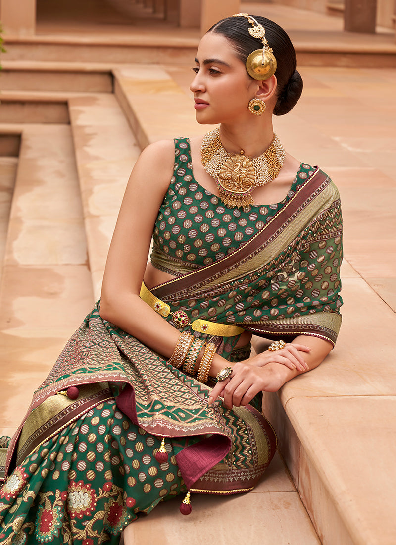 Dark Green Crystal Stone Brasso Saree