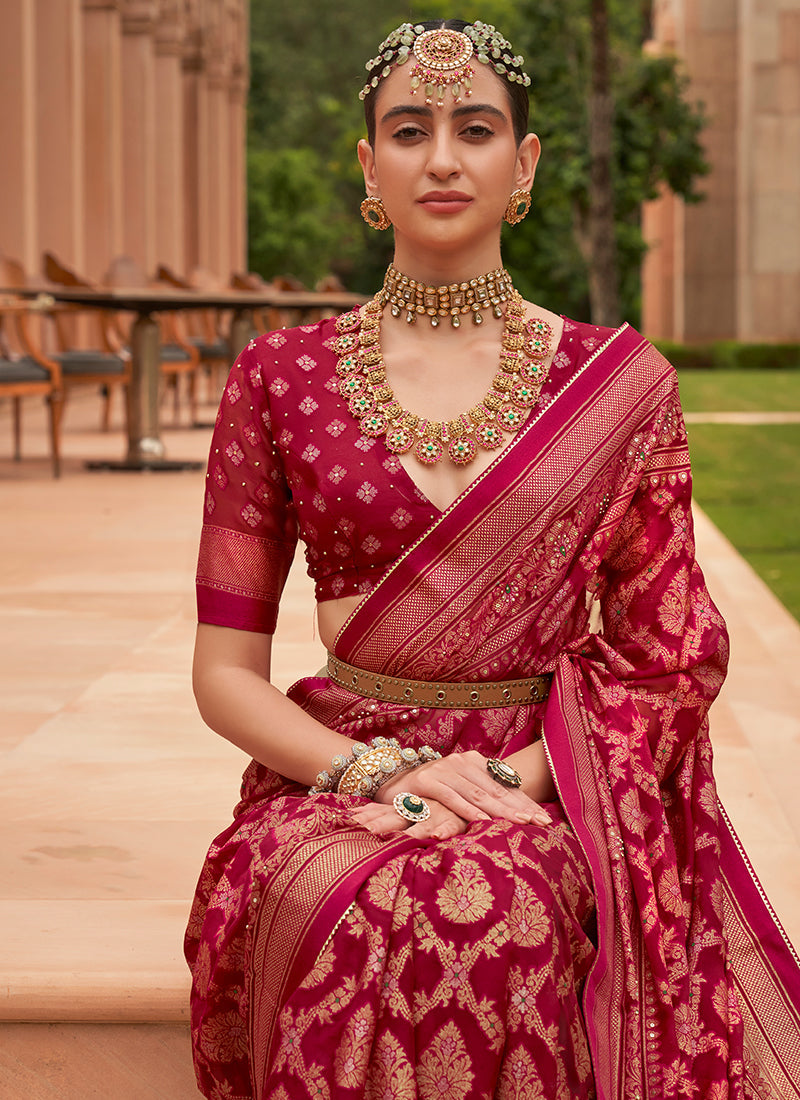 Magenta Pink Crystal Stone Brasso Saree