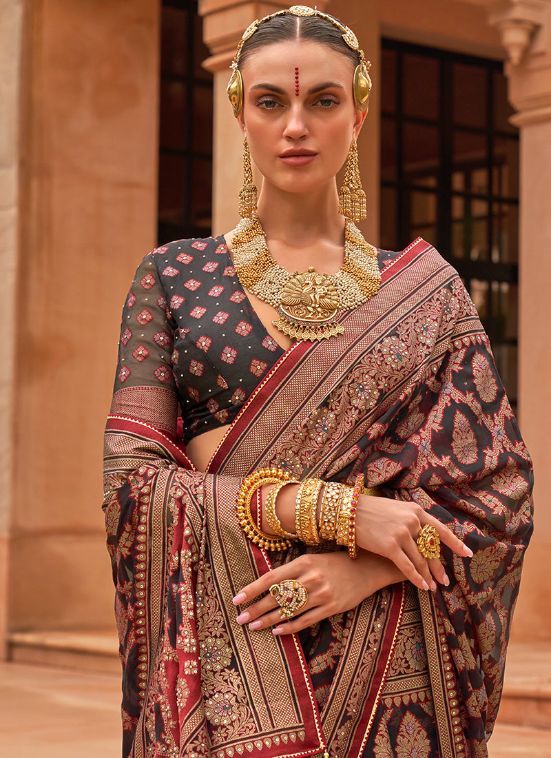 Black Red Crystal Stone Brasso Saree