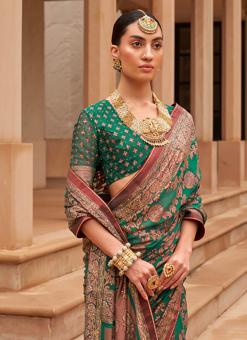 Green Golden Crystal Stone Brasso Saree