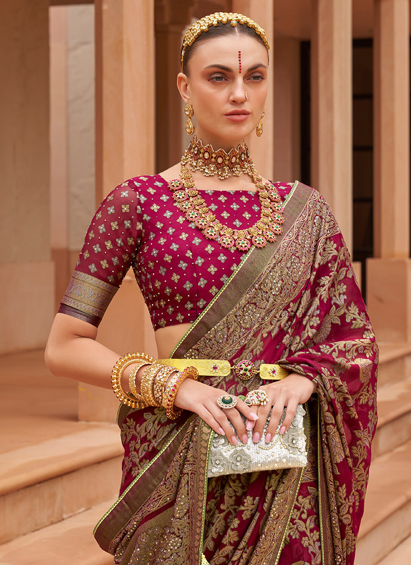 Pink Golden Crystal Stone Brasso Saree