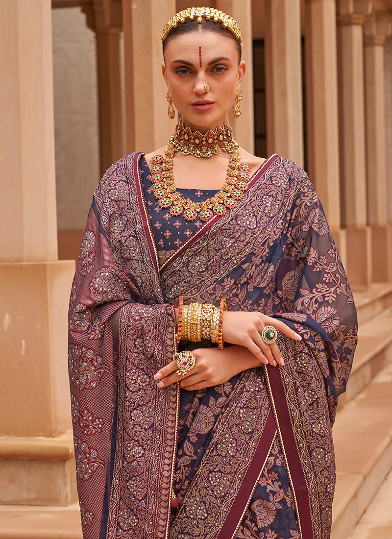 Blue And Pink Crystal Stone Brasso Saree