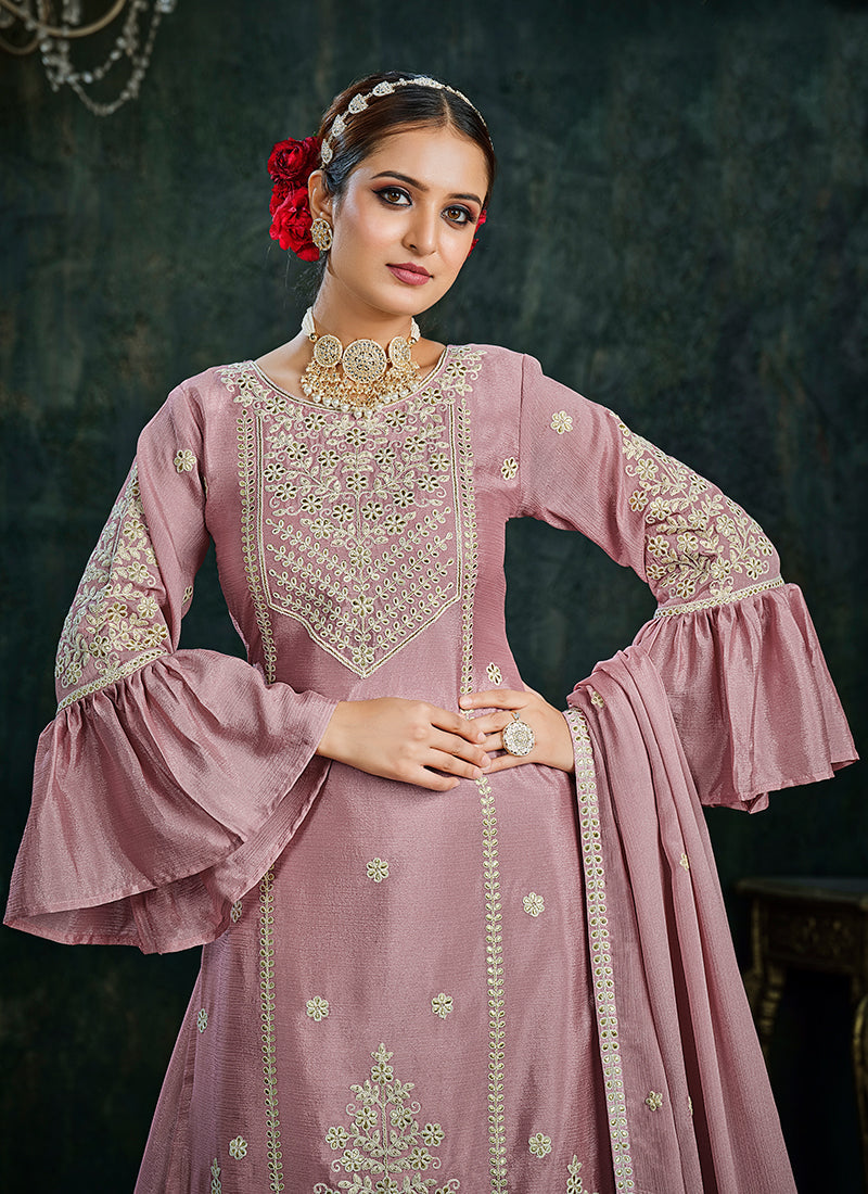 Pink Sequence And Thread Embroidery Lehenga Kurti