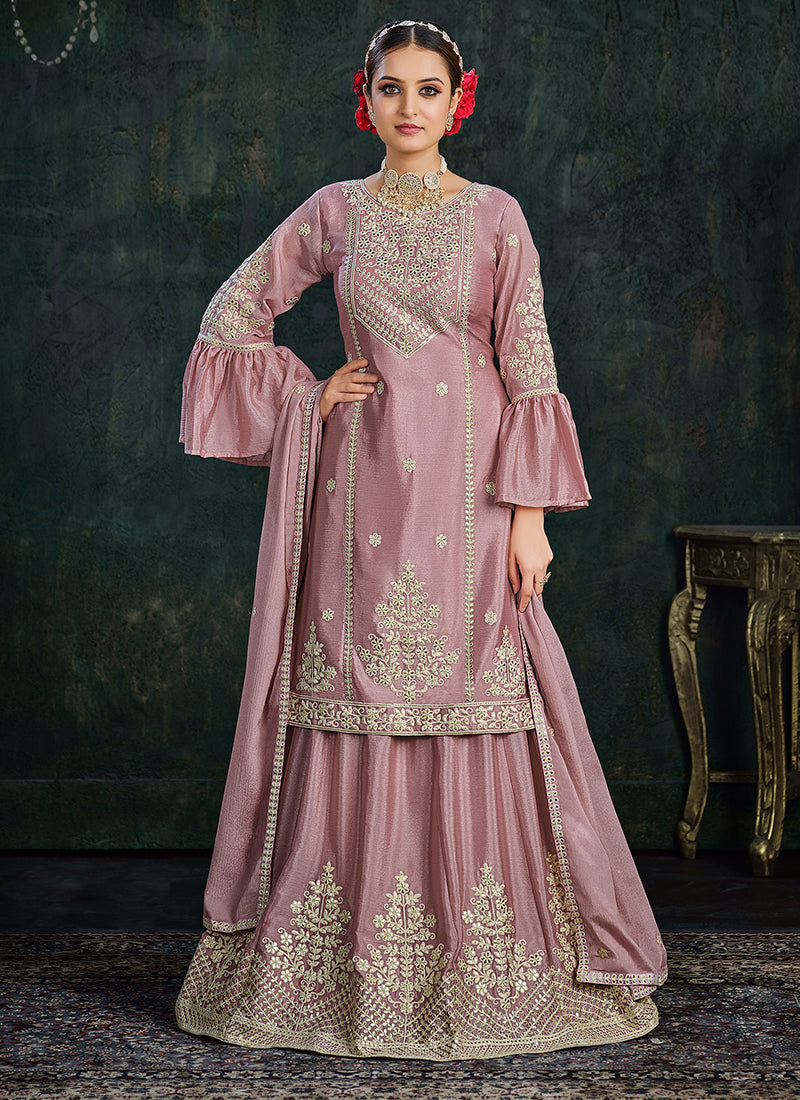 Pink Sequence And Thread Embroidery Lehenga Kurti