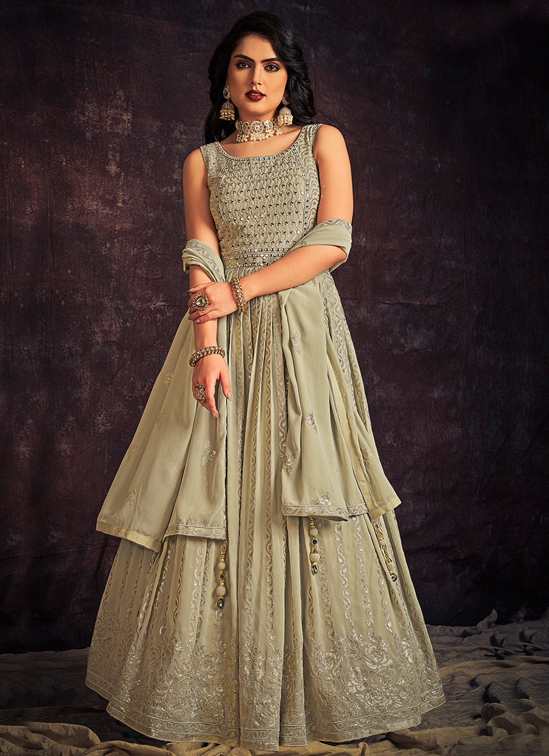 Pale Green Mirror Work Embroidery Anarkali Gown