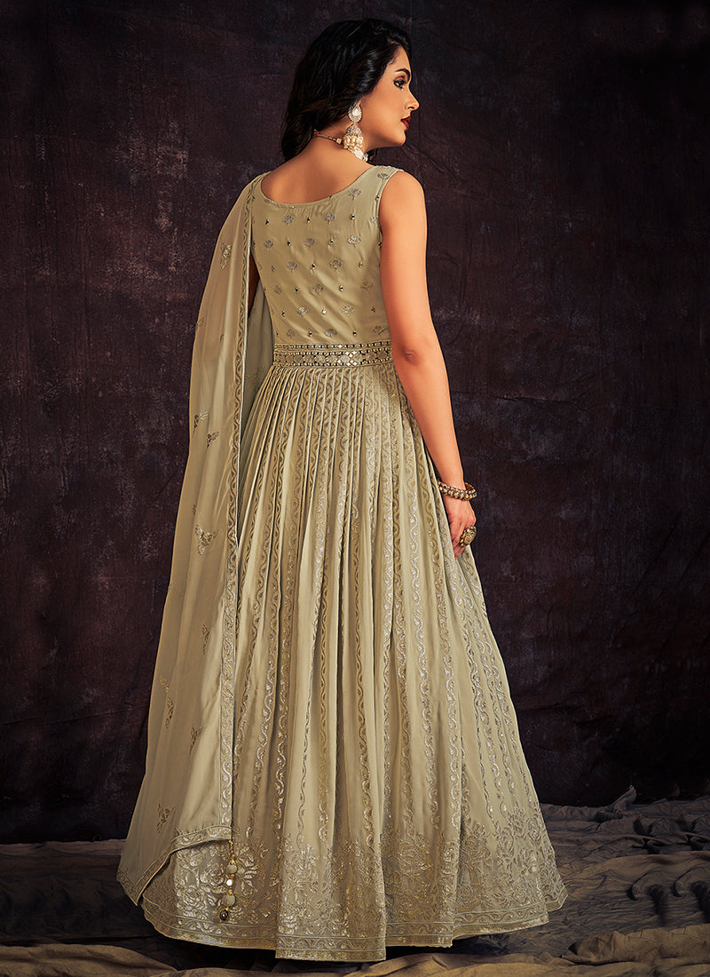 Pale Green Mirror Work Embroidery Anarkali Gown