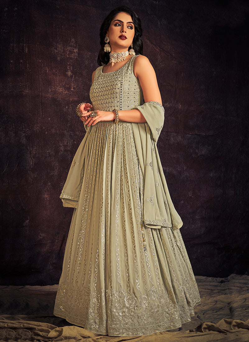 Pale Green Mirror Work Embroidery Anarkali Gown